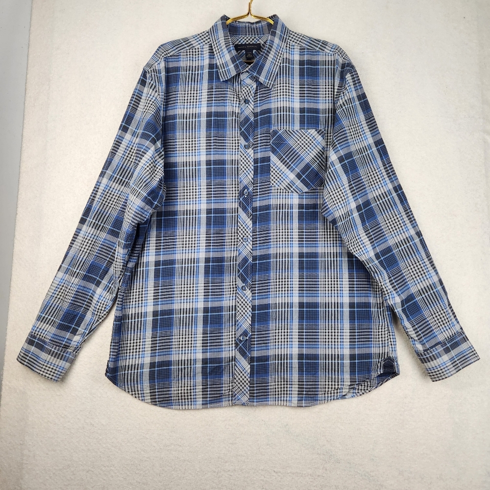 Banana Republic Mens Size 17-17.5 Blue/Black/Gray Plaid Button Down Dress Shirt
